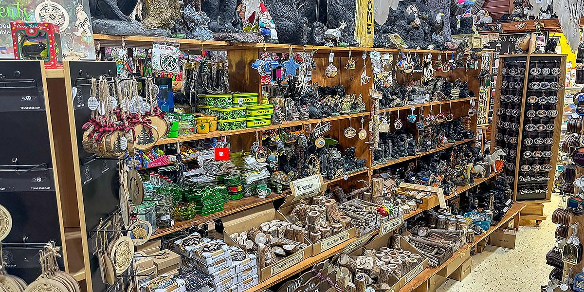 Smoky Mountain souvenirs and gifts displayed in a Pigeon Forge shop